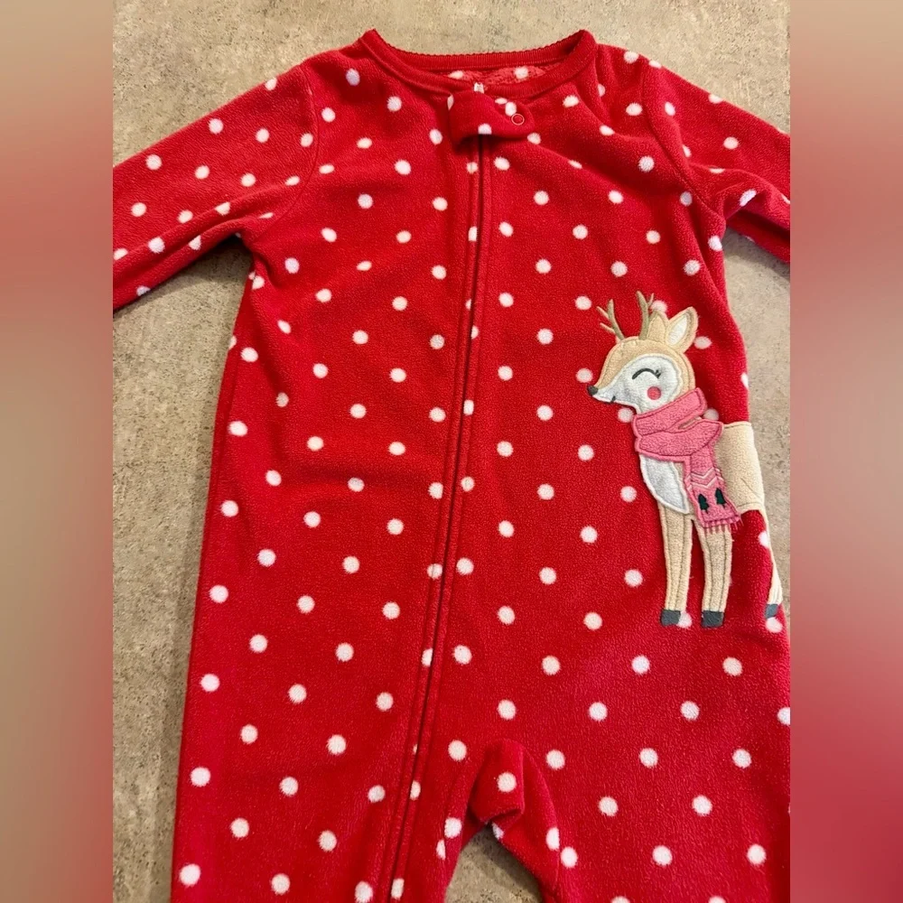 Carter's -Red Polka Dot Fleece Holiday Footie with Reindeer, Size 12M